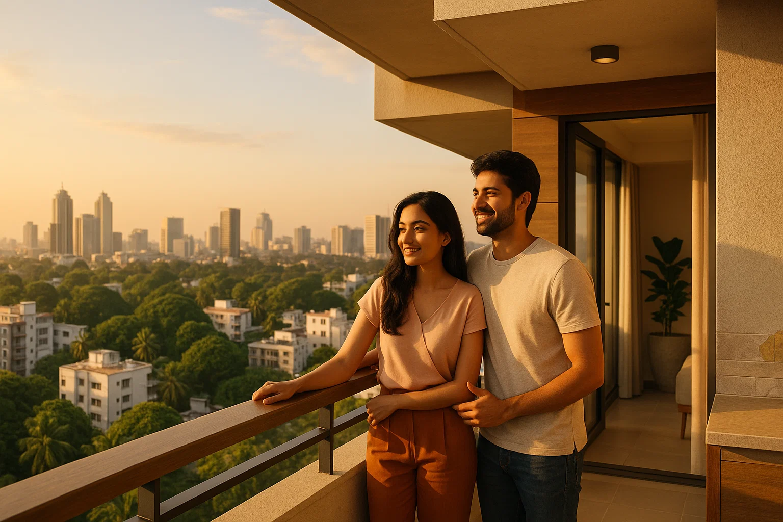 scene of a young couple standing on the balcony of a modern apartment in Bengaluru, India, during golden hour. The city skyline stretches in the background with greenery, high-rise buildings, and warm sunlight reflecting off glass windows