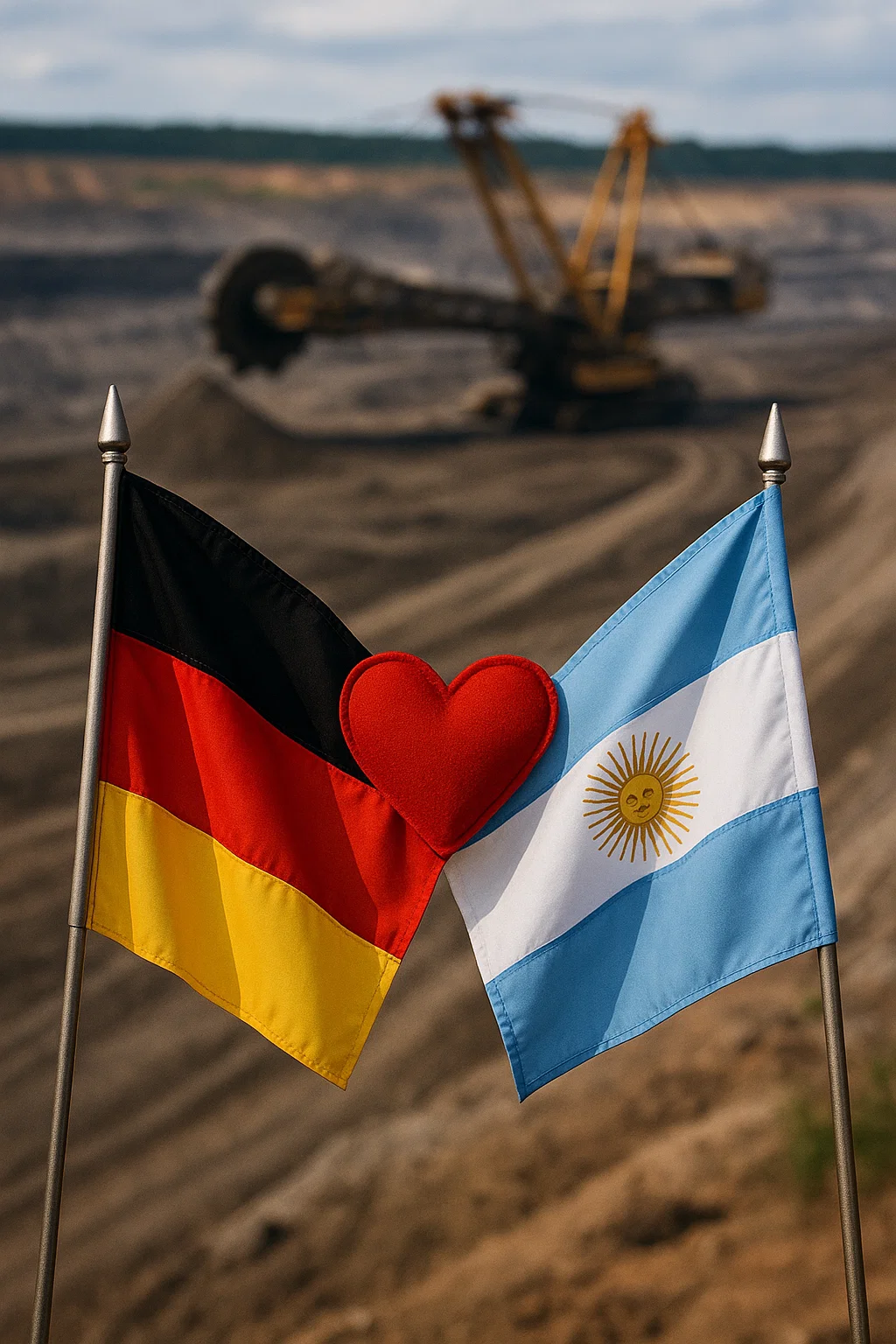 Banderas de Alemania y de Argentina unidas por un corazón, en un entorno minero, simbolizando la unión de ambos países y la minería