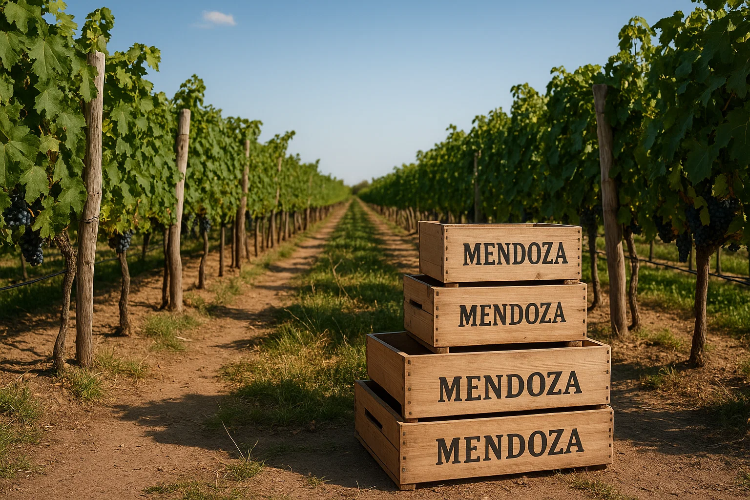 Hileras de viñedos en Mendoza con el sol de fondo, representando la industria vitivinícola de la región.