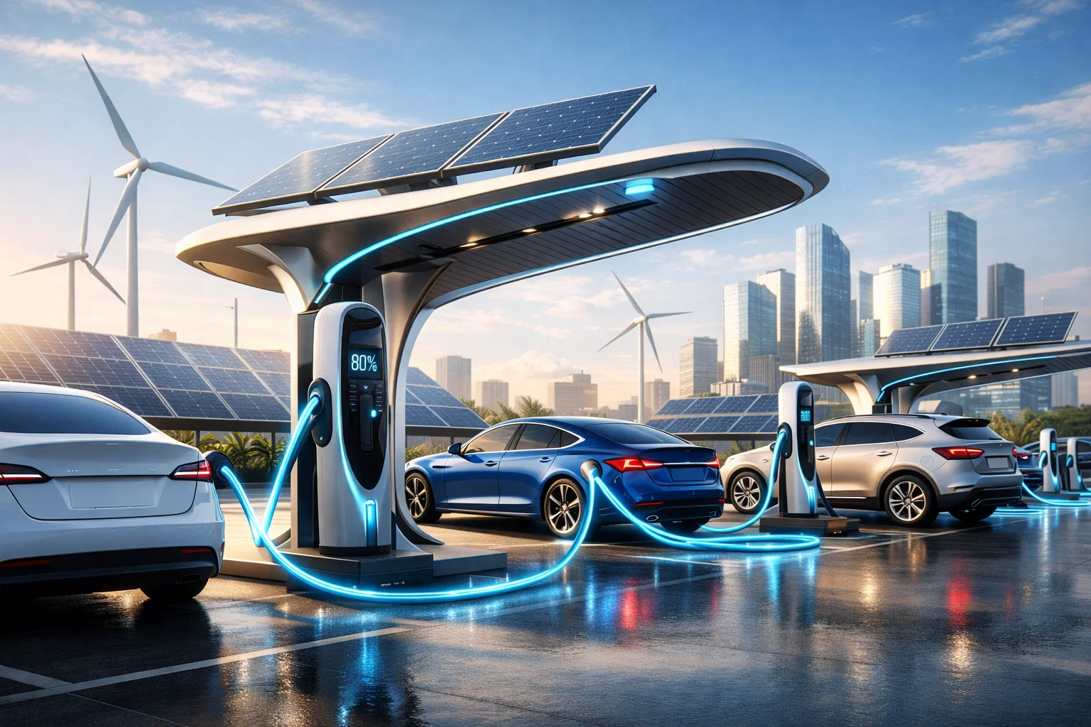 Electric vehicles charging at modern stations showing growth of EV industry and long-term market trends