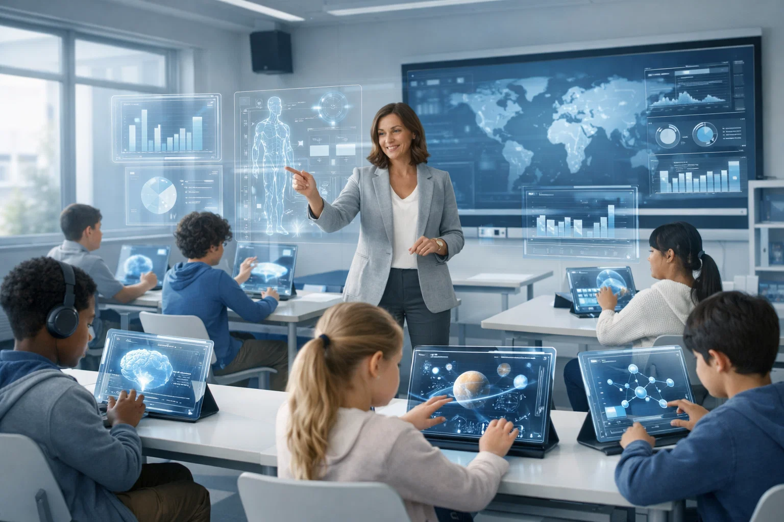 AI governance in education guiding students and teachers using advanced digital tools in a modern smart classroom environment