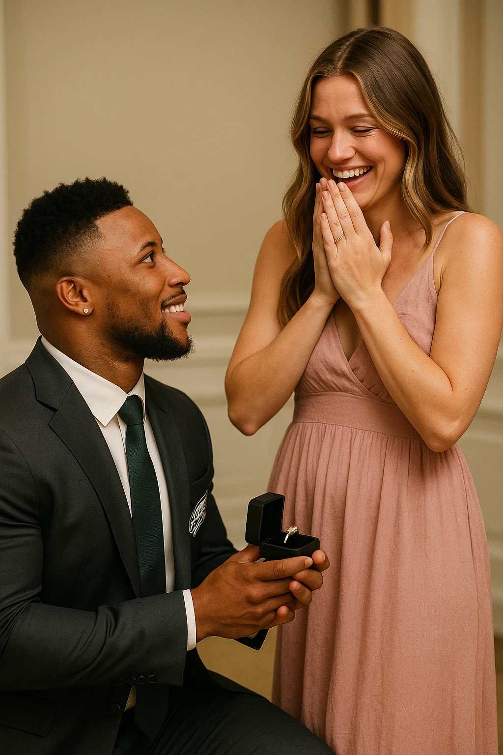 “Be my life partner” — Saquon Barkley brings joy to the NFL world as he finally proposes to Anna Congdon with a $12 Million Ring. The proposal reportedly took place in a private and intimate setting with close friends and family present to share in the joyous occasion.x-vut