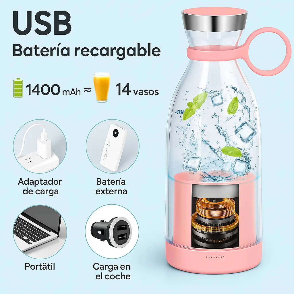 Batería recargable por USB — gráfico promocional 1400 mAh ≈ 14 vasos