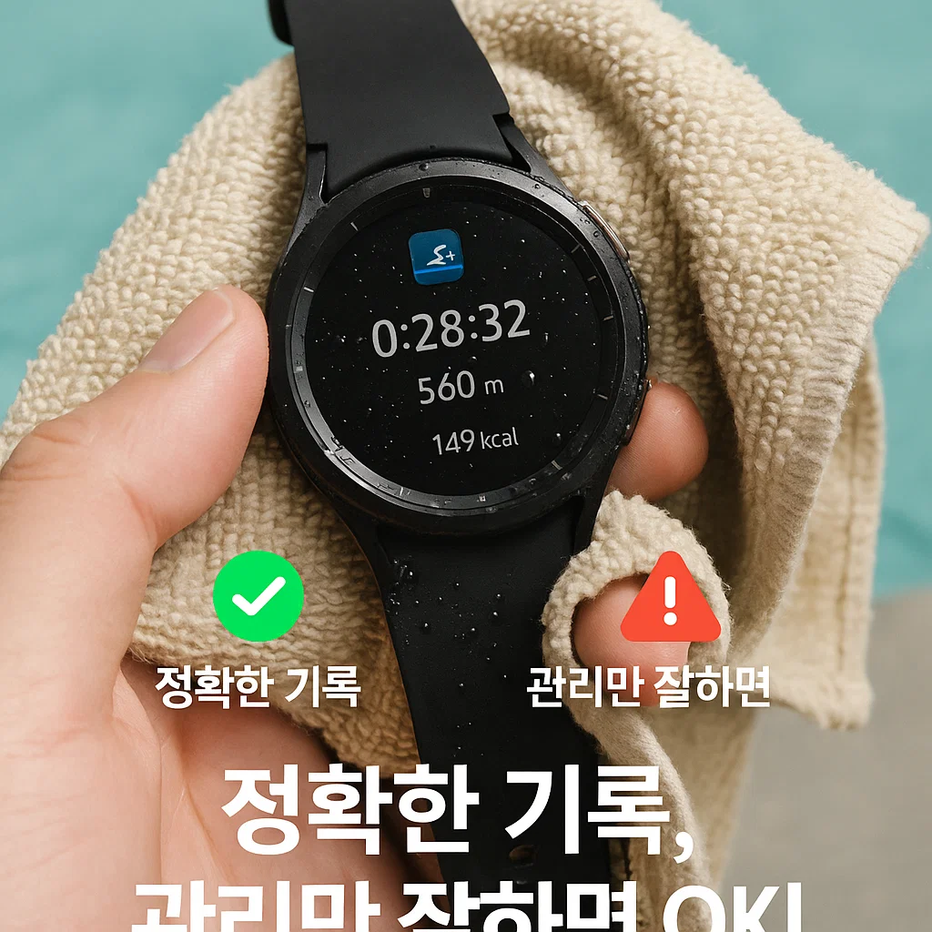 수영 후 타월로 갤럭시워치를 닦는 실사 이미지