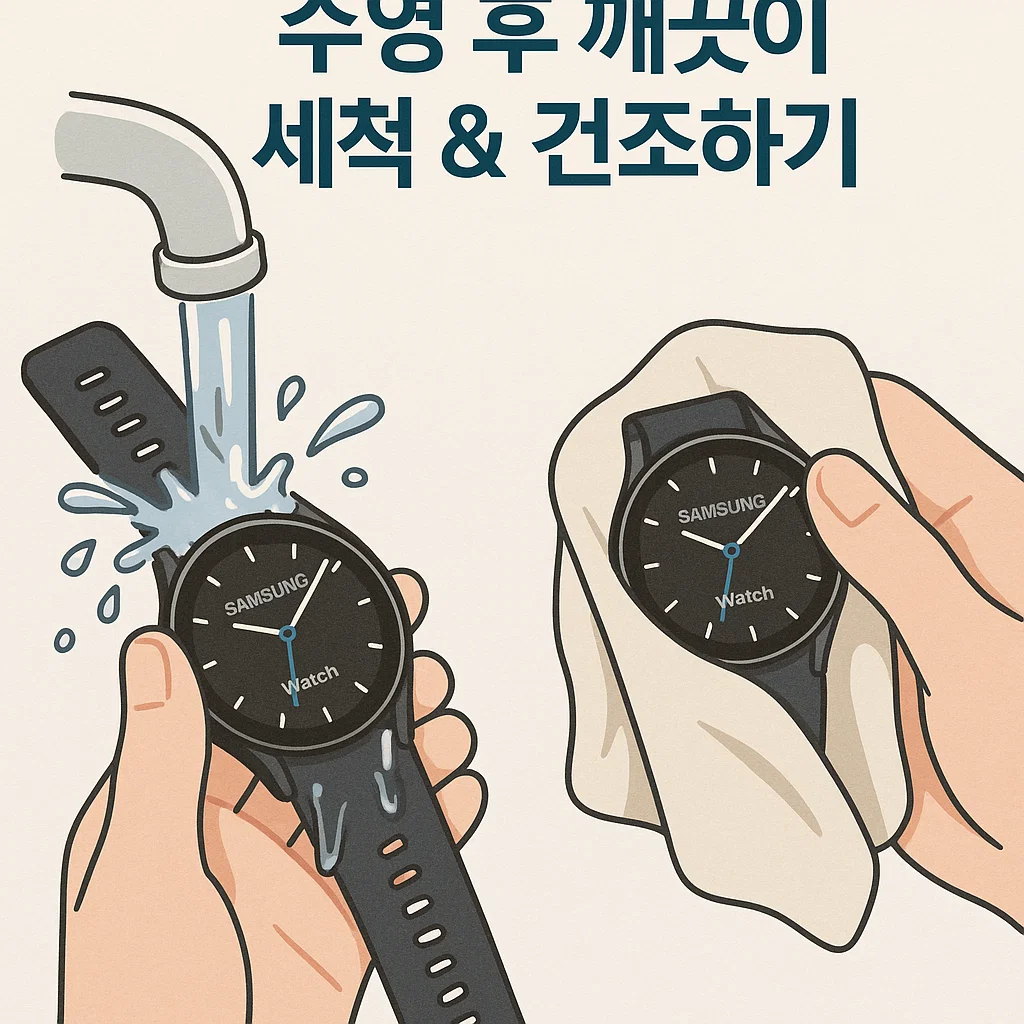 수돗물로 워치를 헹구고 천으로 닦는 일러스트